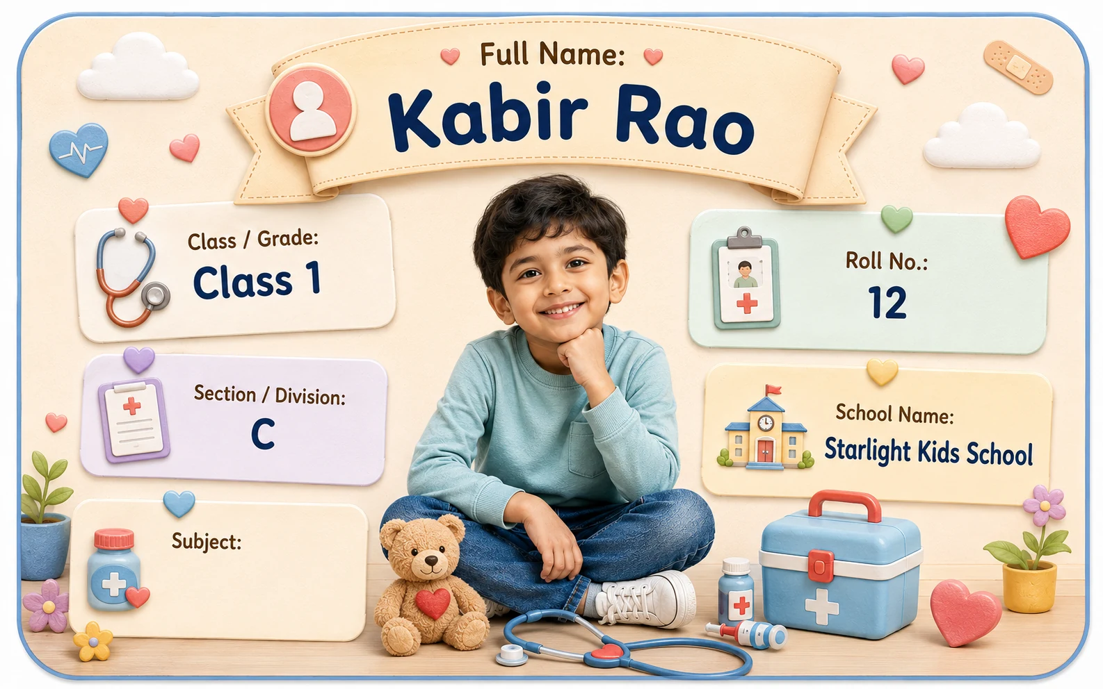 Little Doctor Play personalized school name slip template for kids