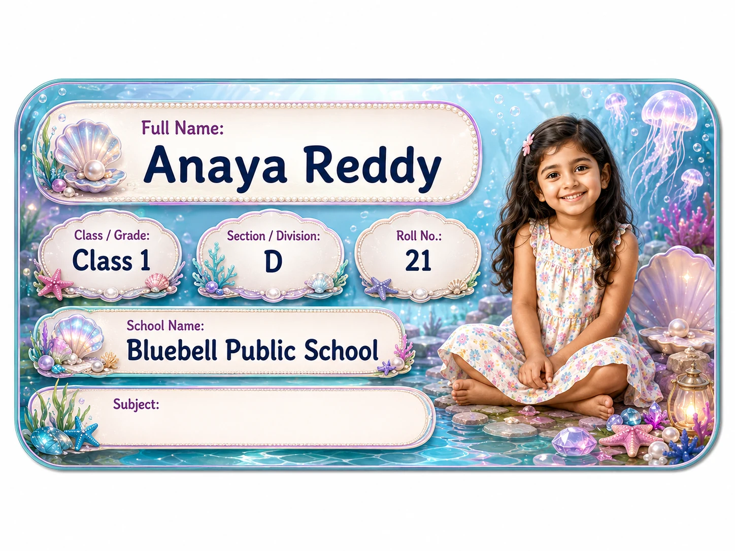 Mermaid Lagoon personalized school name slip template for kids