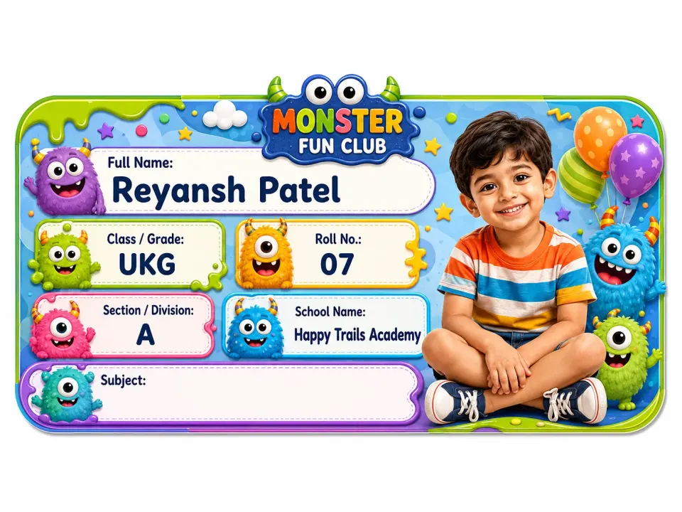 Monster Fun Club personalized school name slip template for kids