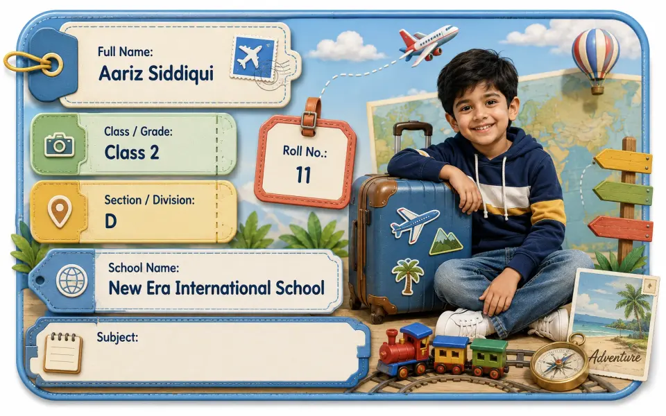 Travel Buddy 2 personalized school name slip template for kids