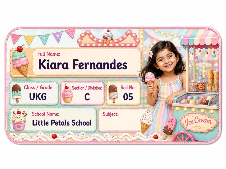 Ice Cream Carnival personalized school name slip template for kids