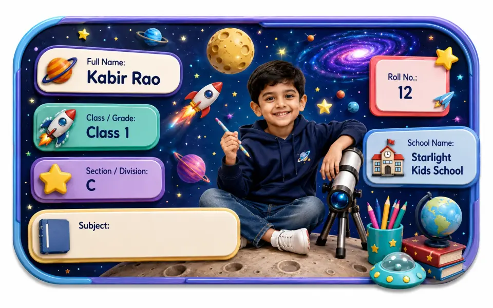 Space Adventure 2 personalized school name slip template for kids
