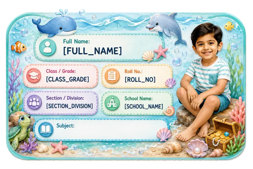 Ocean Friends personalized school name slip template for kids