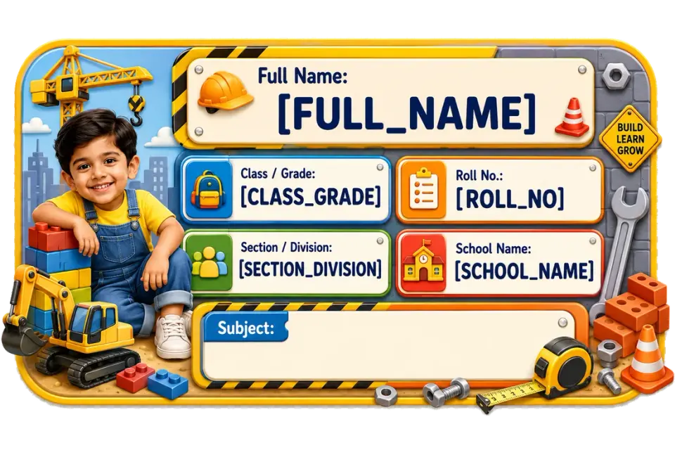 Construction Play personalized school name slip template for kids