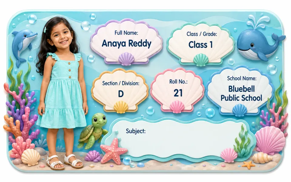 Ocean Friends 2 personalized school name slip template for kids