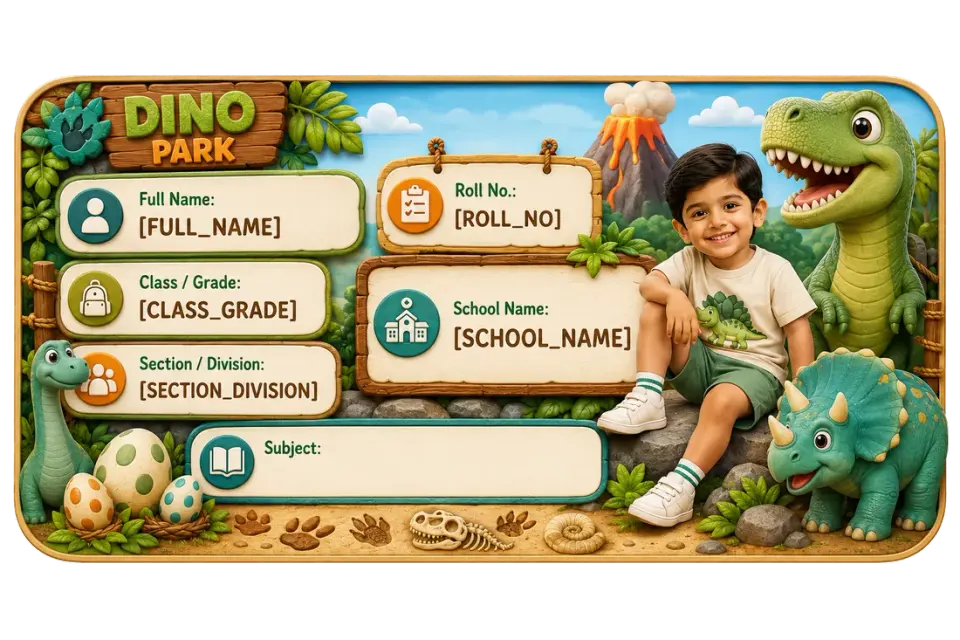 Dino Park personalized school name slip template for kids