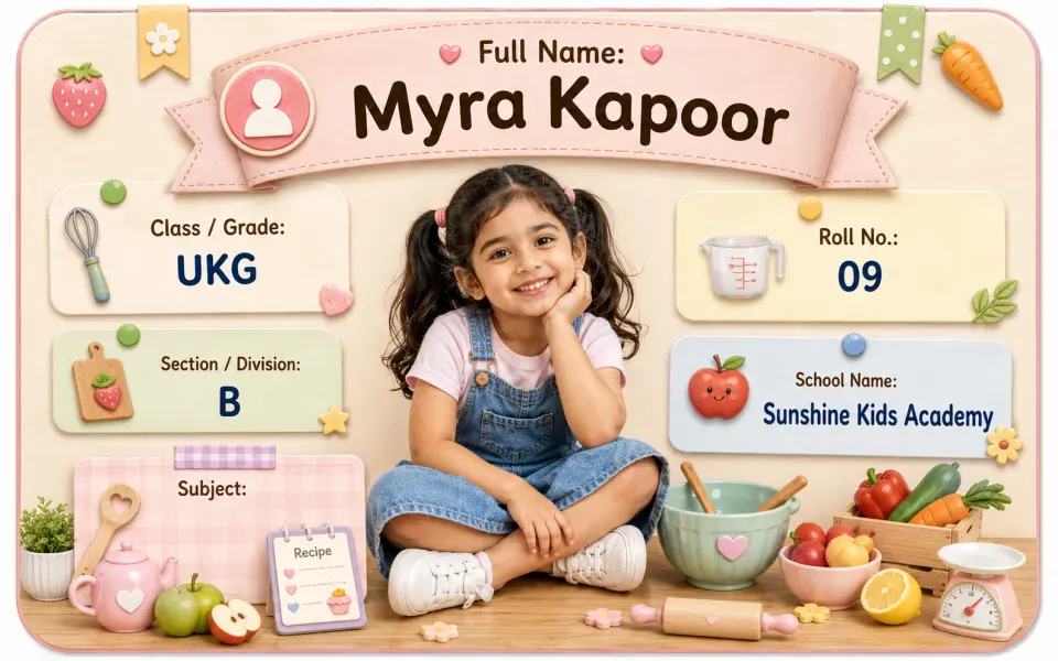 Little Chef Kitchen personalized school name slip template for kids