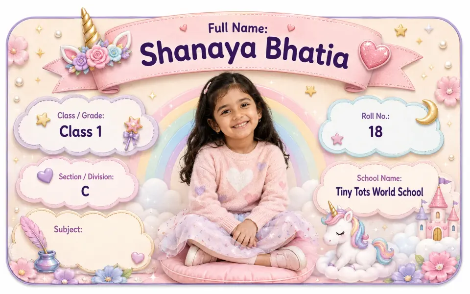 Unicorn Rainbow personalized school name slip template for kids
