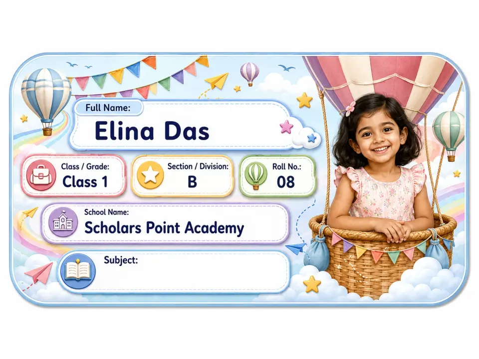 Balloon Festival personalized school name slip template for kids