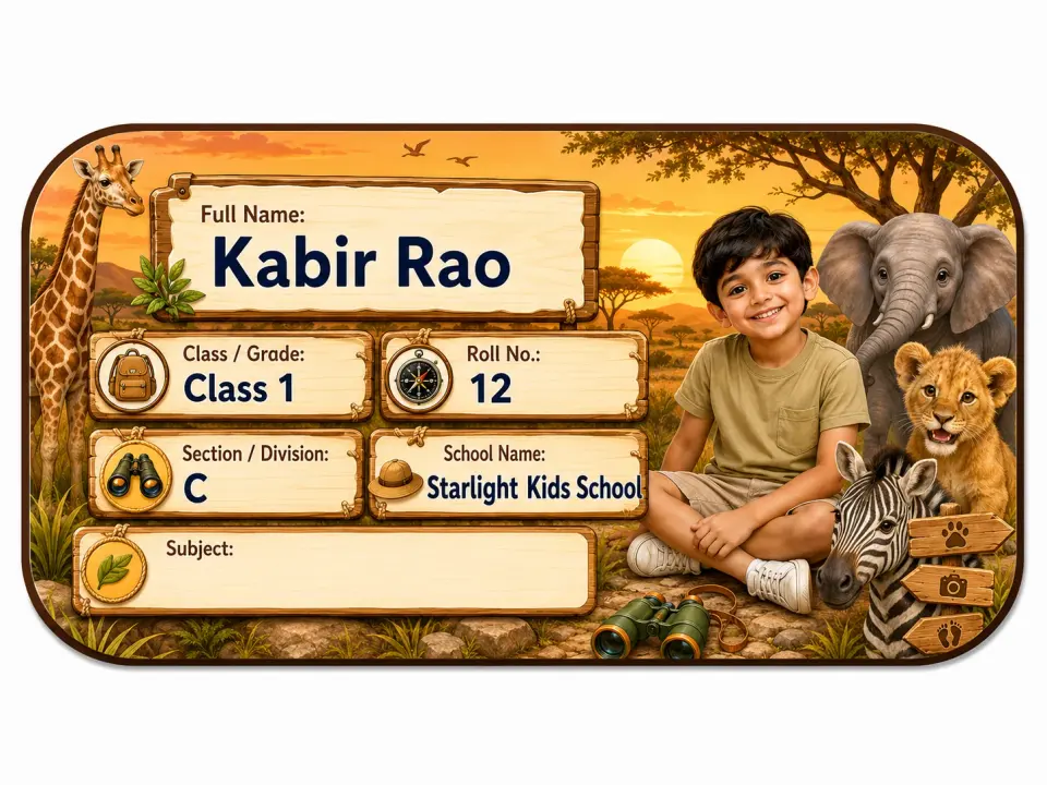Safari Sunset personalized school name slip template for kids