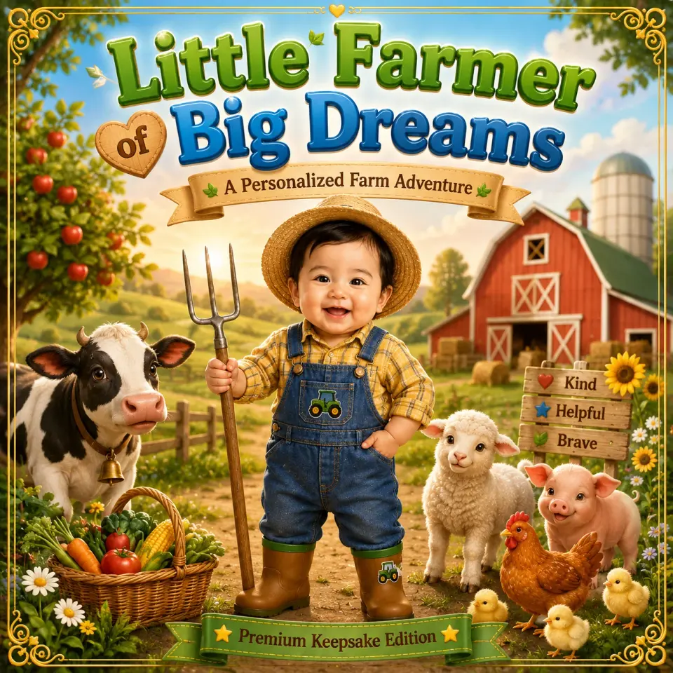 Little Farmer of Big Dreams personalized storybook cover for kids