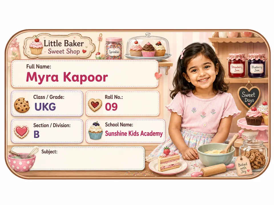 Little Baker Sweet Shop personalized school name slip template for kids