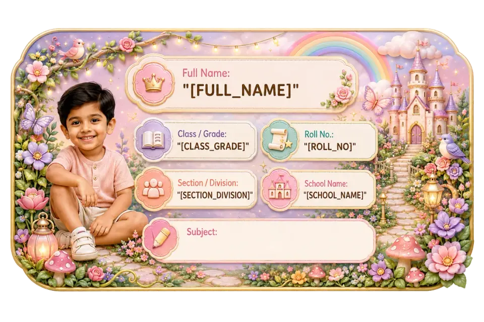 Fairytale Garden personalized school name slip template for kids