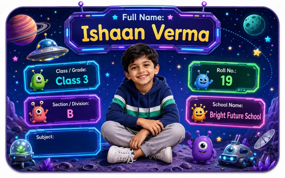 Alien Planet personalized school name slip template for kids