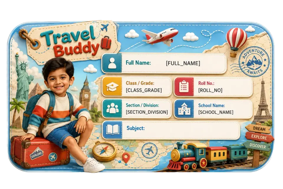 Travel Buddy personalized school name slip template for kids