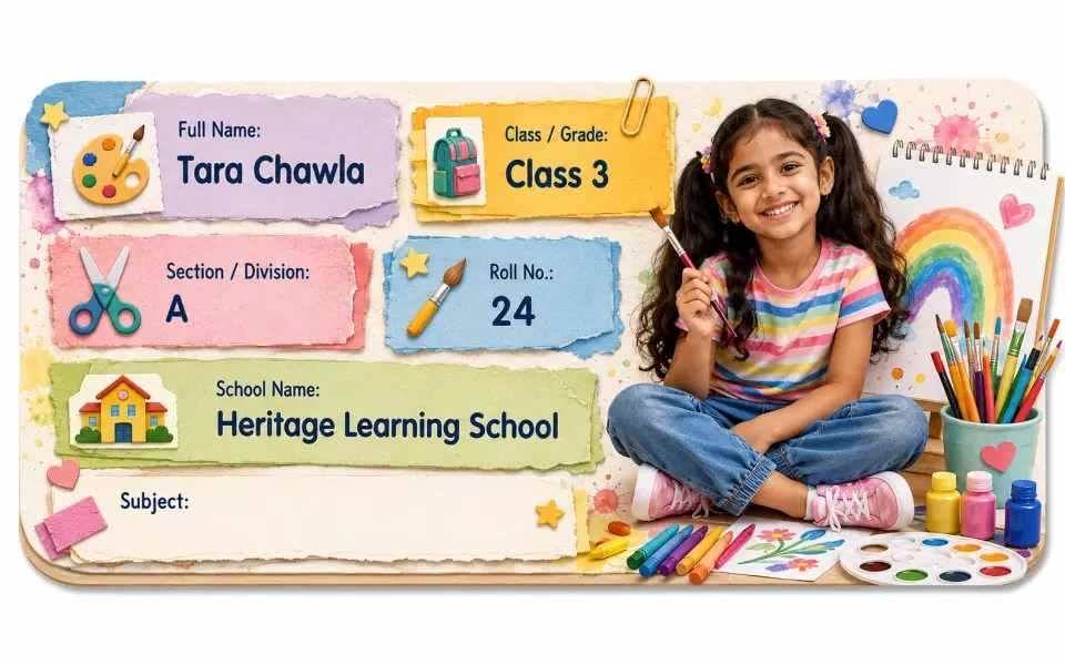 Art Studio 2 personalized school name slip template for kids