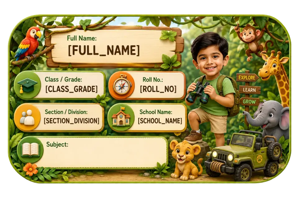 Jungle Explorer personalized school name slip template for kids