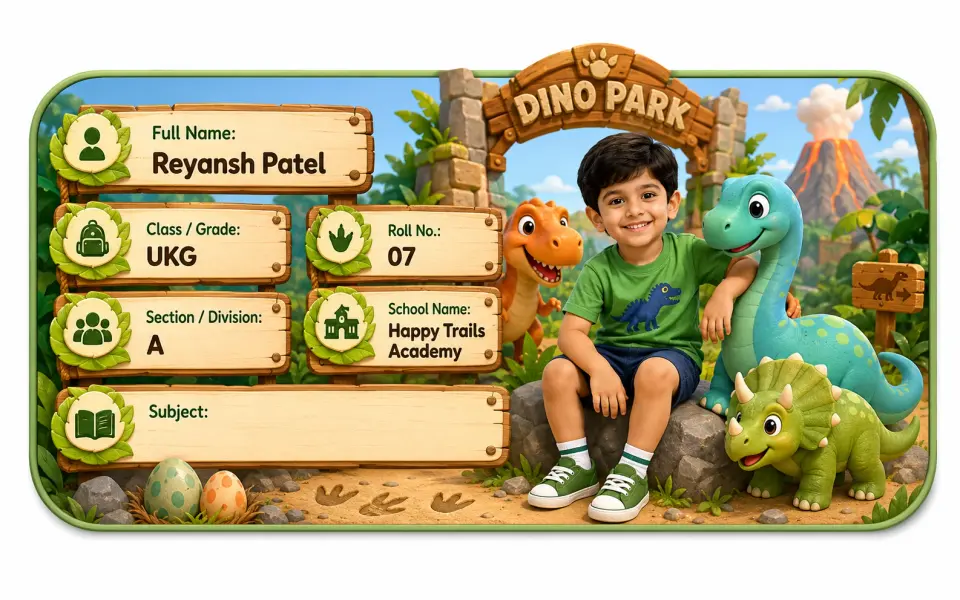 Dino Park 2 personalized school name slip template for kids