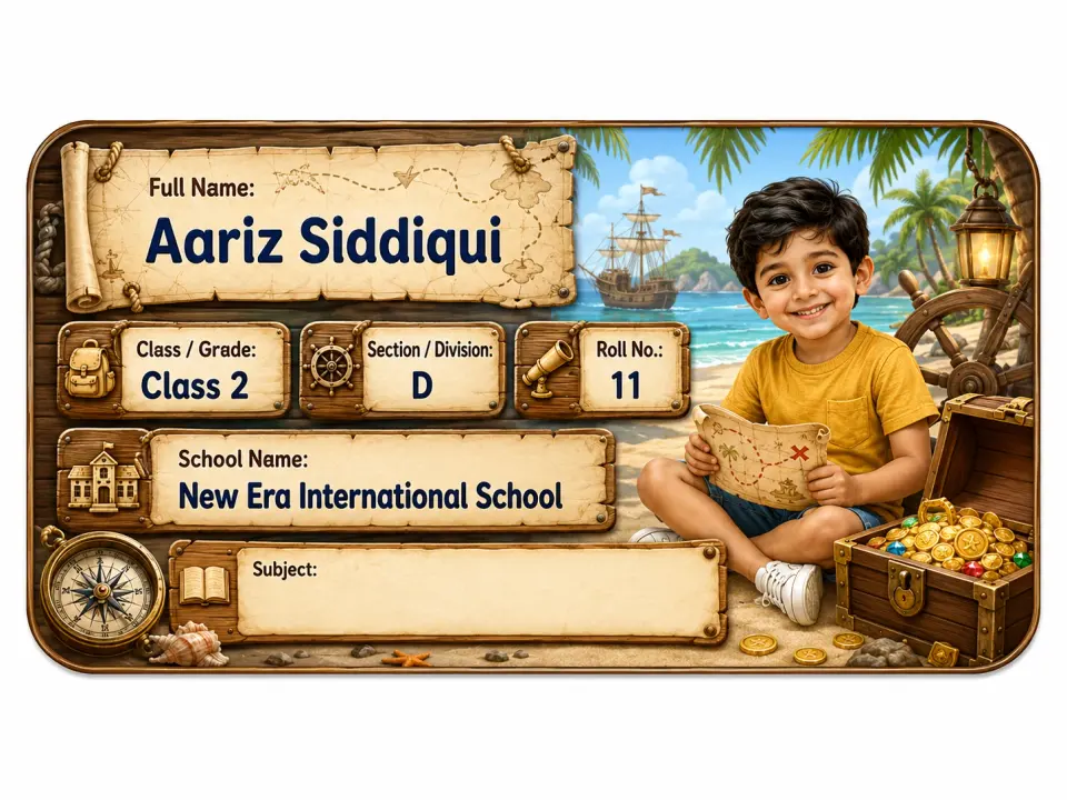 Pirate Treasure Island personalized school name slip template for kids