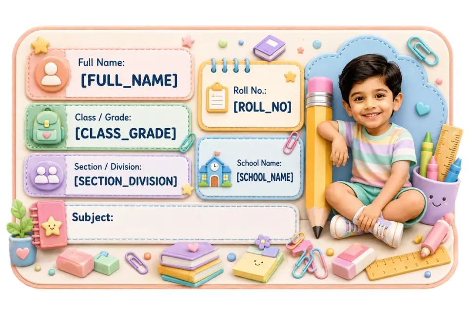 Pastel School Supplies personalized school name slip template for kids