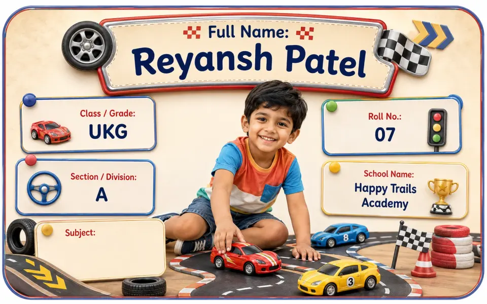 Toy Car Racing personalized school name slip template for kids