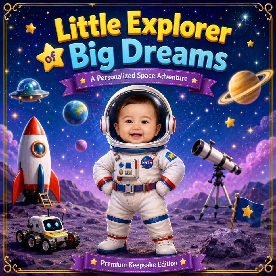 Little Explorer of Big Dreams personalized storybook cover for kids