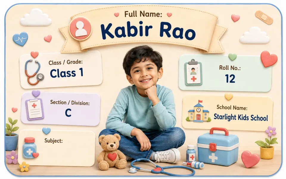 Little Doctor Play personalized school name slip template for kids