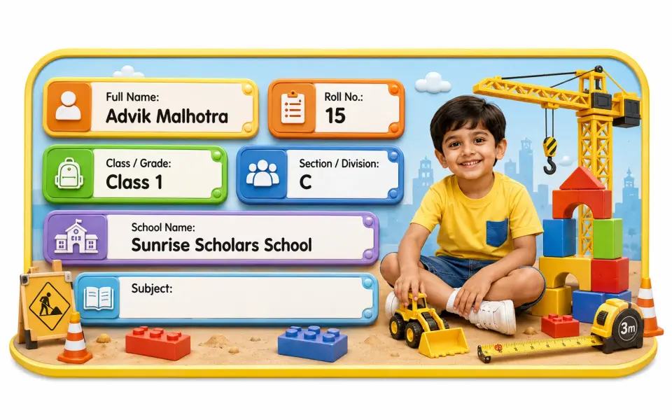Construction Play 2 personalized school name slip template for kids