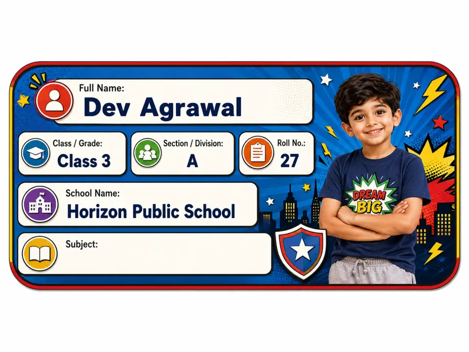 Superhero Kid World personalized school name slip template for kids