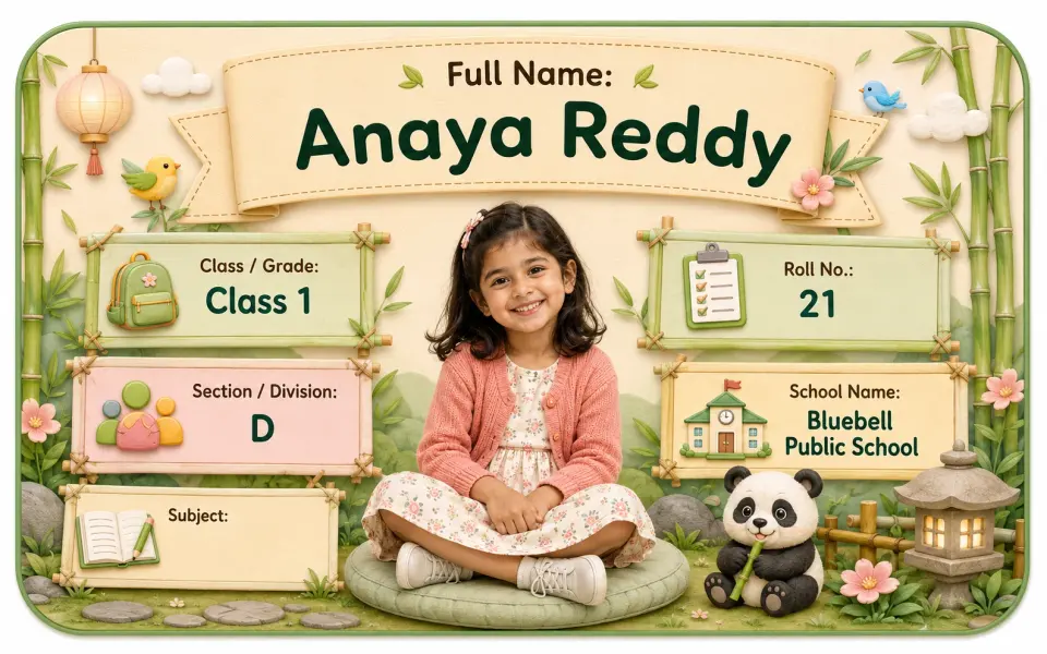 Panda Bamboo personalized school name slip template for kids