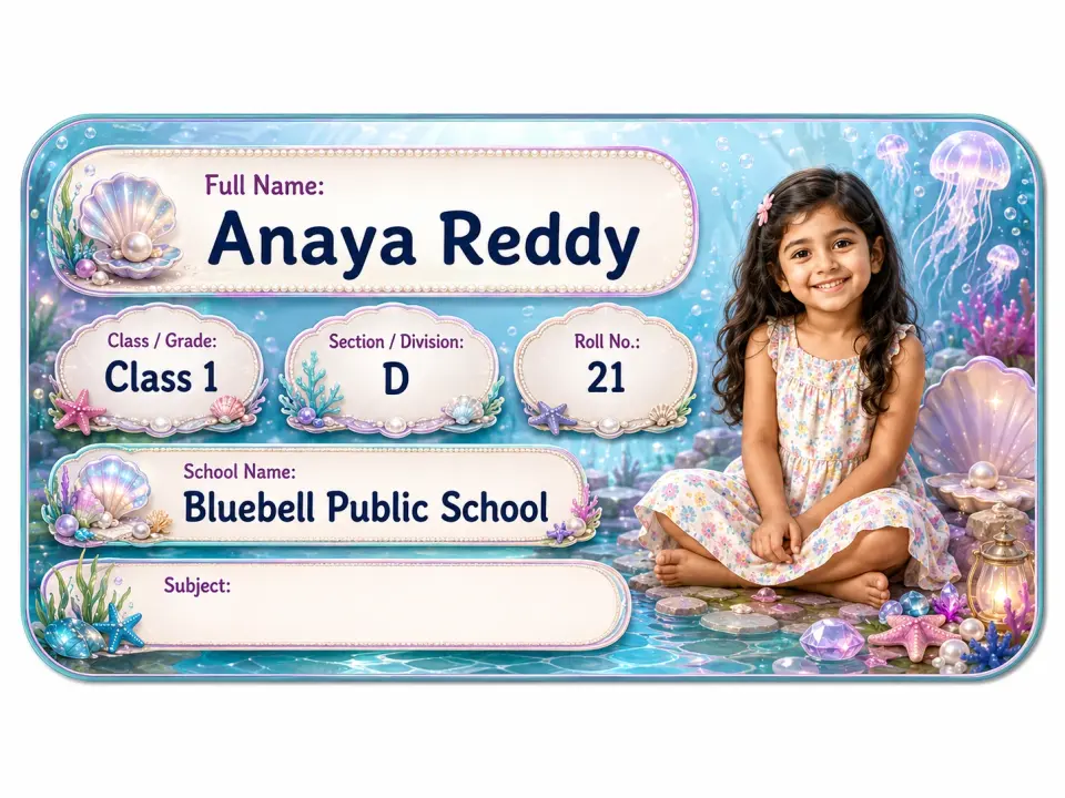 Mermaid Lagoon personalized school name slip template for kids