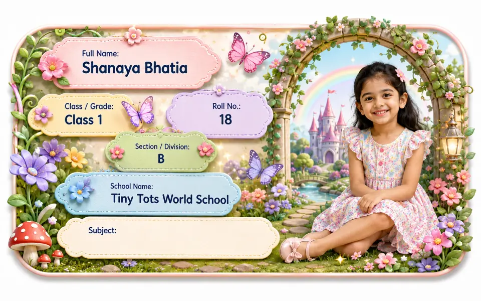 Fairytale Garden 2 personalized school name slip template for kids