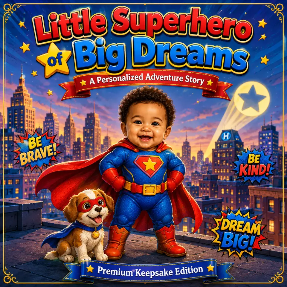 Little Superhero of Big Dreams personalized storybook cover for kids