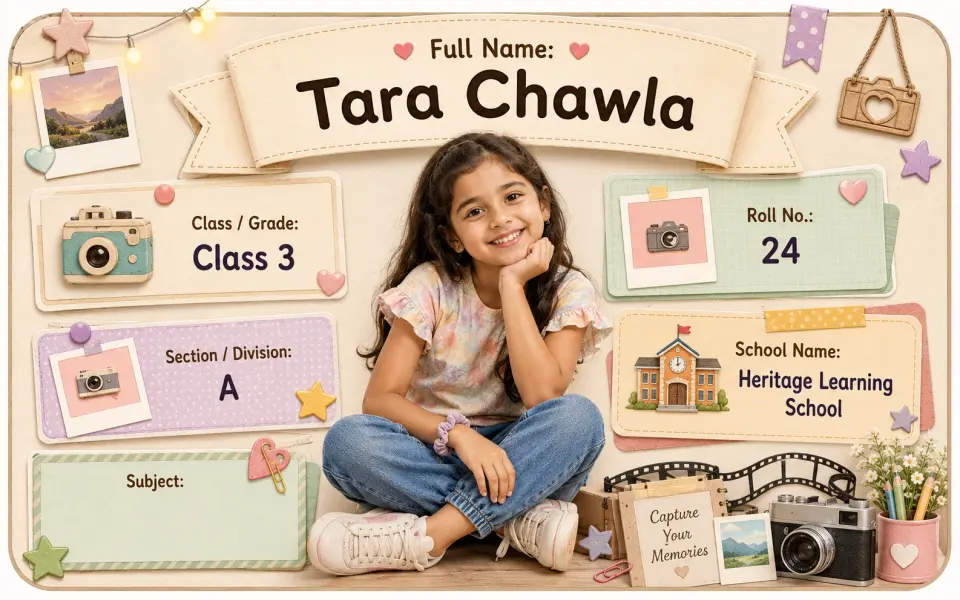 Little Photographer personalized school name slip template for kids